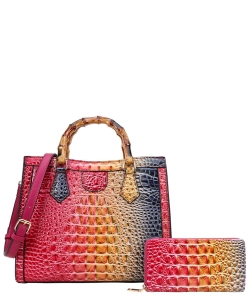 2in1 Crocodile Bamboo Handle Tie-dyed Satchel & Wallet CE-9160W ROSE